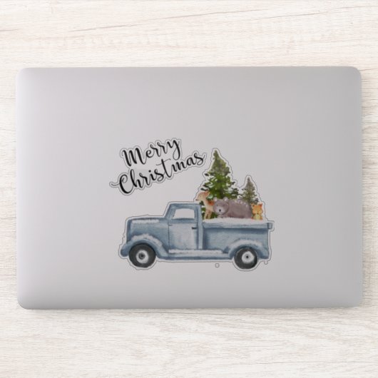 Weihnachtswagen mit Pinienbäumen und Waldtieren Aufkleber (Computer)