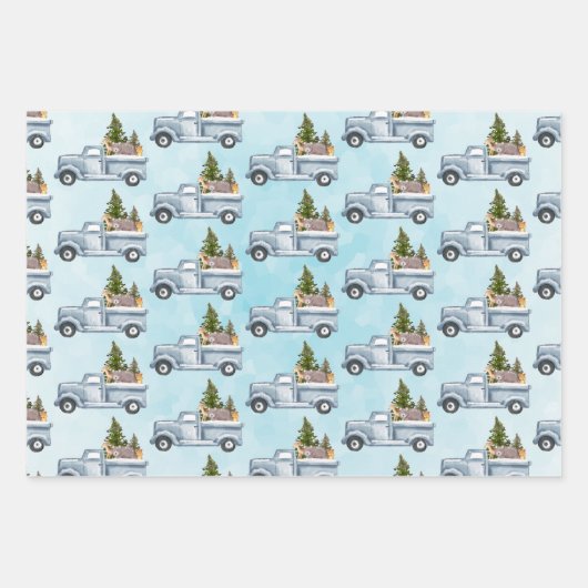 Weihnachtswagen mit Pinienbäumen und Waldtieren Geschenkpapier Set (Vorderseite 3)