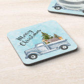 Weihnachtswagen mit Pinienbäumen und Waldtieren Getränkeuntersetzer (Linke Seite)