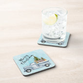 Weihnachtswagen mit Pinienbäumen und Waldtieren Getränkeuntersetzer (Rechte Seite)