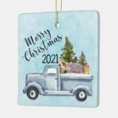 Weihnachtswagen mit Pinienbäumen und Waldtieren Keramikornament (Links)