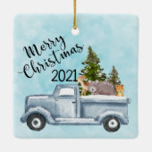 Weihnachtswagen mit Pinienbäumen und Waldtieren Keramikornament (Rückseite)