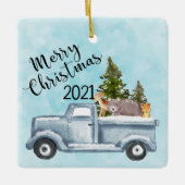 Weihnachtswagen mit Pinienbäumen und Waldtieren Keramikornament (Vorderseite)