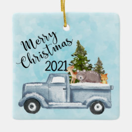 Weihnachtswagen mit Pinienbäumen und Waldtieren Keramikornament