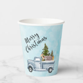 Weihnachtswagen mit Pinienbäumen und Waldtieren Pappbecher