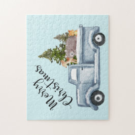 Weihnachtswagen mit Pinienbäumen und Waldtieren Puzzle