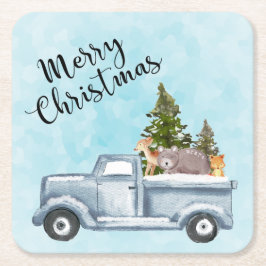 Weihnachtswagen mit Pinienbäumen und Waldtieren Rechteckiger Pappuntersetzer