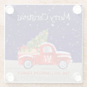 Weihnachtswagen mit Schnee bei Nacht Mit Monogramm Glasuntersetzer (Rückseite)