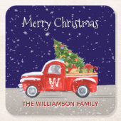 Weihnachtswagen mit Schnee bei Nacht Mit Monogramm Rechteckiger Pappuntersetzer (Vorderseite)