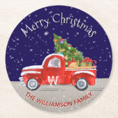 Weihnachtswagen mit Schnee bei Nacht Mit Monogramm Runder Pappuntersetzer (Vorderseite)