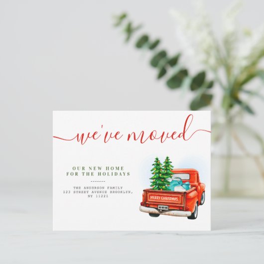 Weihnachtswagen Neue Zuhause-Ankündigung Postkarte (Stehend Vorderseite)