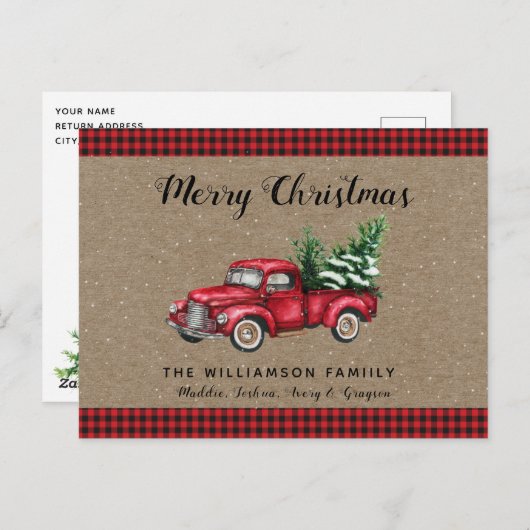 Weihnachtswagen und Baumschnee Karierte Weihnachte Postkarte (Vorne/Hinten)