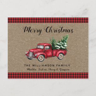 Weihnachtswagen und Baumschnee Karierte Weihnachte Postkarte