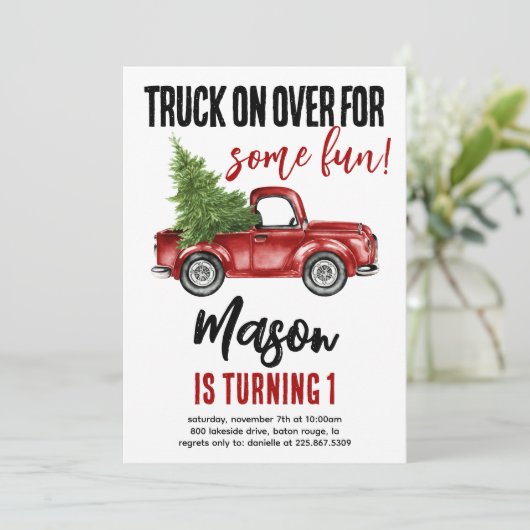 Weihnachtswagen Winter Erster Geburtstag Einladung (Stehend Vorderseite)