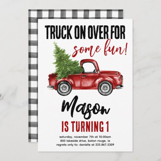 Weihnachtswagen Winter Erster Geburtstag Einladung (Vorne/Hinten)