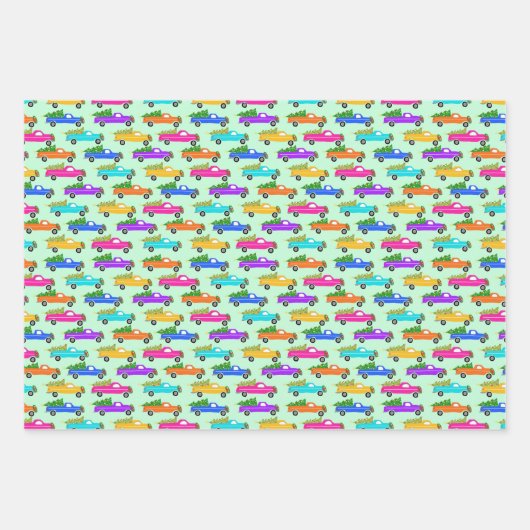 Weihnachtswagen Xmas Bäume Kämpfe farbenfroh grün Geschenkpapier Set (Vorderseite)