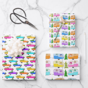 Weihnachtswagen Xmas Trees Retro Anhänger Campers Geschenkpapier Set