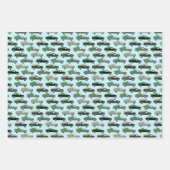 Weihnachtswagen Xmas Trees Wreaths Graustufen Blue Geschenkpapier Set (Vorderseite)