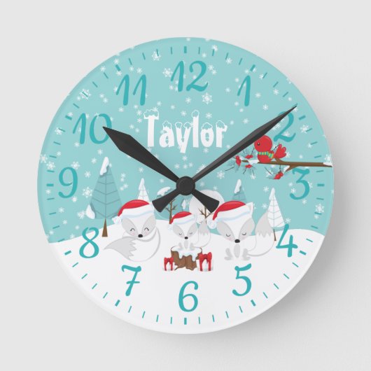 Weihnachtswald-Arktische Füchse Runde Wanduhr (Vorderseite)