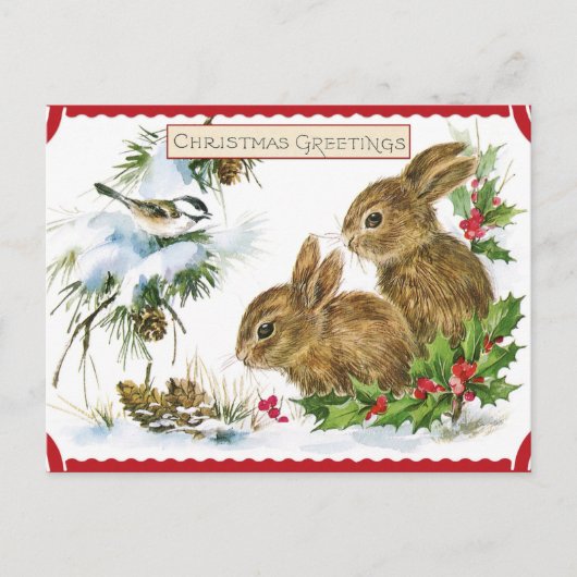 Weihnachtswald Bunnies und Vogelwelt Feiertagspostkarte (Vorderseite)