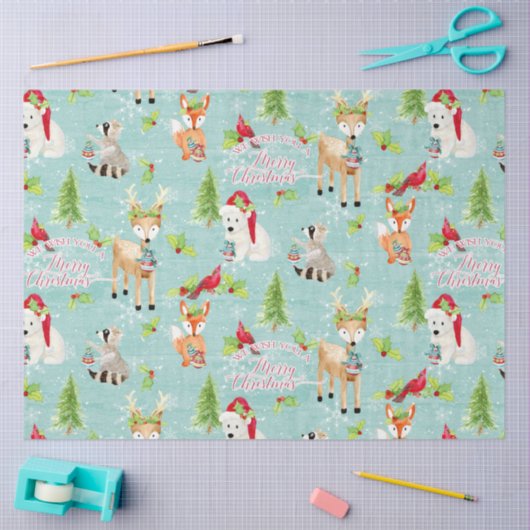 Weihnachtswald Hirschbärentiere rot in blau Seidenpapier (Basteln)