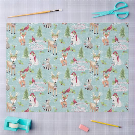 Weihnachtswald Hirschbärtiere Dusty Blue Seidenpapier (Basteln)