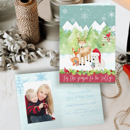 Weihnachtswald Hirschfoxbär Kardinal Foto Feiertagskarte