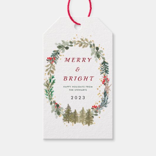 Weihnachtswald in Aquarellen Merry und Bright Geschenkanhänger (Vorderseite)