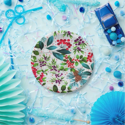 Weihnachtswald Natur Holly Berry Pinecones Pappteller (Party)