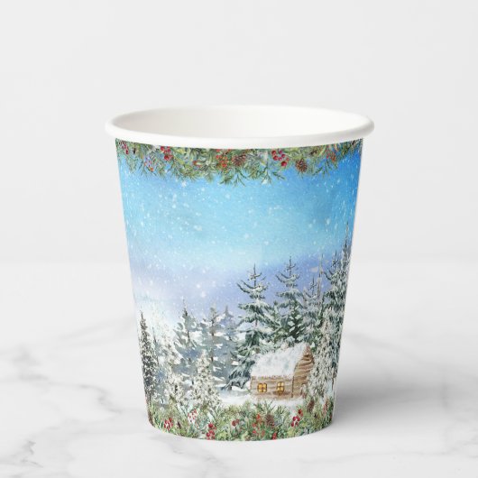 Weihnachtswald Winterfarbe Pappbecher (Rückseite)