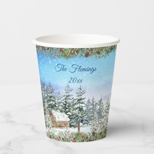 Weihnachtswald Winterfarbe Pappbecher (Vorderseite)