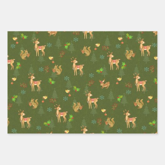 Weihnachtswaldlandwrapping Paper Flat Green Geschenkpapier Set (Vorderseite)