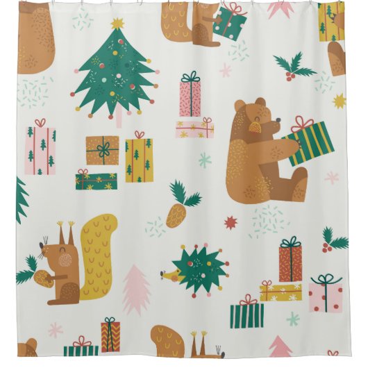 Weihnachtswaldtiere: Vintage Tiere Duschvorhang (Vorderseite)