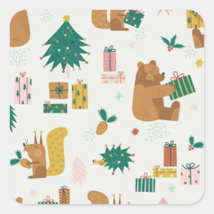 Weihnachtswaldtiere: Vintage Tiere Quadratischer Aufkleber