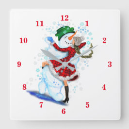 Weihnachtswall-Uhr mit Snowman und Girl-Tanz Quadratische Wanduhr