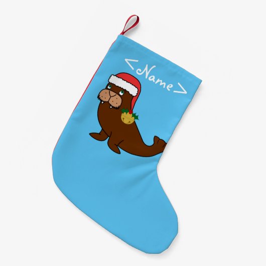 Weihnachtswalroß mit Weihnachtsmannmütze u. Gold Kleiner Weihnachtsstrumpf (Vorderansicht (hängend))