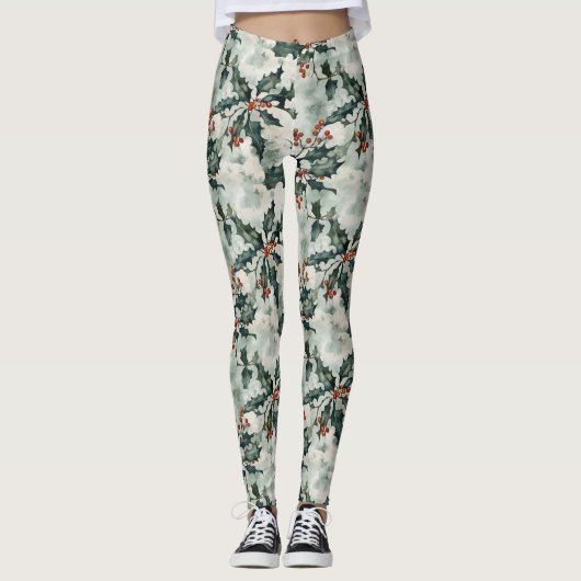 Weihnachtswasserfarbe Heilige Blume und Berries Leggings (Vorderseite)