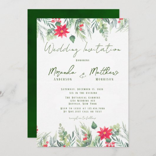 Weihnachtswasserfarbe Poinsettia Leaf Hochzeit Einladung (Vorne/Hinten)
