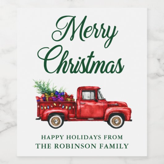 Weihnachtswasserfarbe Roter LKW Baumsaitenleuchten Weinetikett (Einzelnes Label)