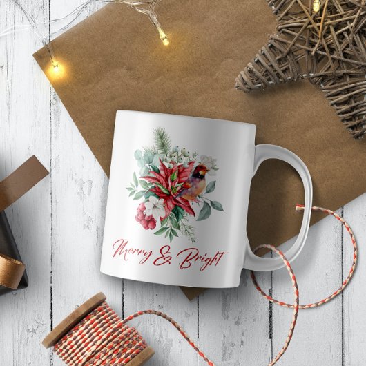 Weihnachtswasserfarben Blume, Blätter und Vögel Kaffeetasse