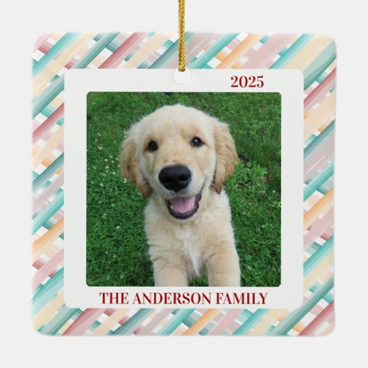Weihnachtswatercolor Streifen Familienfest Foto Keramikornament (Rückseite)