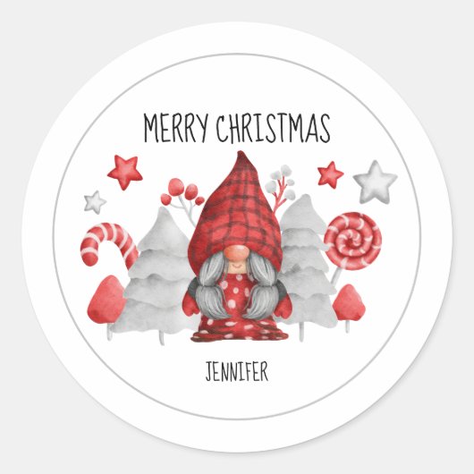 Weihnachtsweibchen Gnome Classic Round Sticker (Vorderseite)