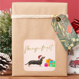 Weihnachtsweih Hund Dackel Merry Bright Quadratischer Aufkleber