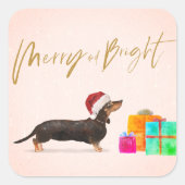 Weihnachtsweih Hund Dackel Merry Bright Quadratischer Aufkleber (Vorderseite)