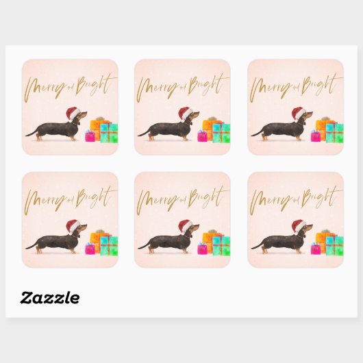 Weihnachtsweih Hund Dackel Merry Bright Quadratischer Aufkleber (Blatt)