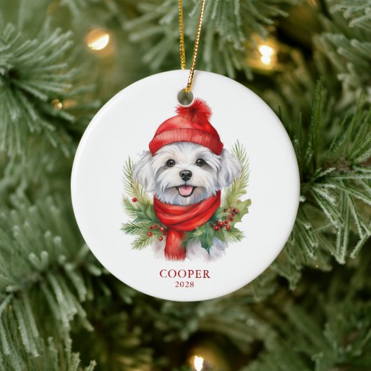 Weihnachtsweih Malteser Hund Foto Keramik Ornament (Baum)