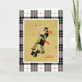 Weihnachtsweihnachtshunde und Mann mit Geschenken Feiertagskarte