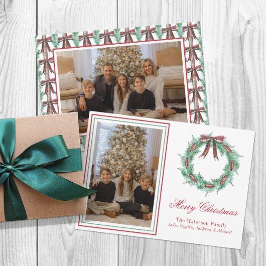Weihnachtsweihnachtsmann Kariert Bow Wreath Foto Feiertagskarte