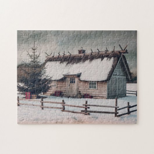 Weihnachtsweihnachtszene mit Hütte Puzzle (Horizontal)