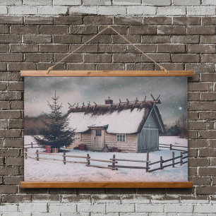 Weihnachtsweihnachtszene mit Hütte Wandteppich Mit Holzrahmen
